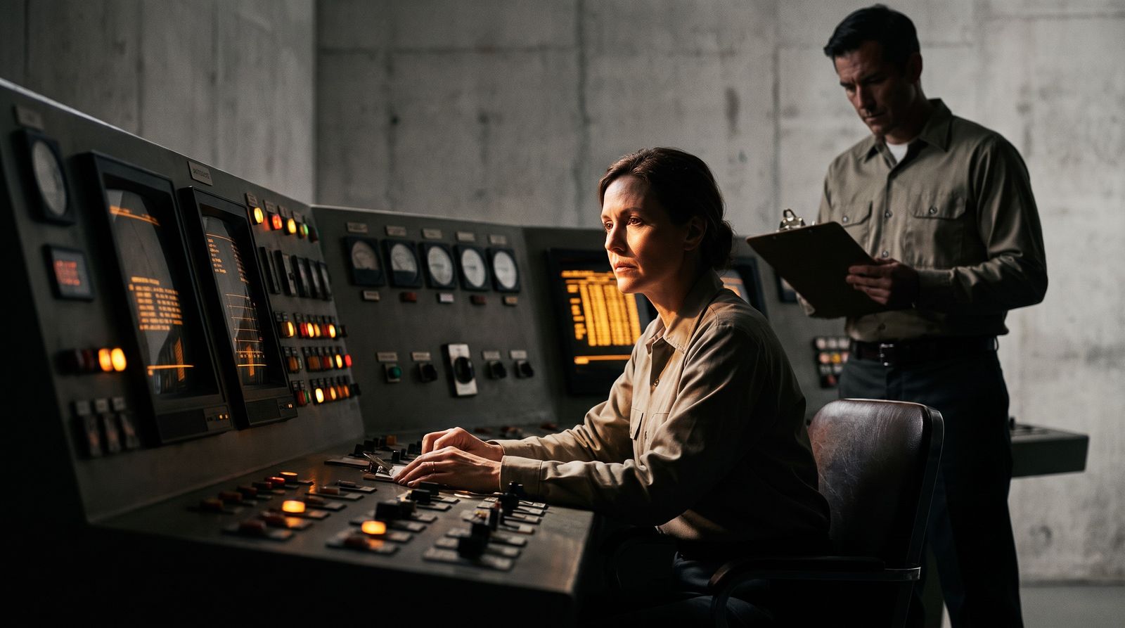 The Unit 1 control room: curved panels of indicators and recorders under soft light, two operators at the desks