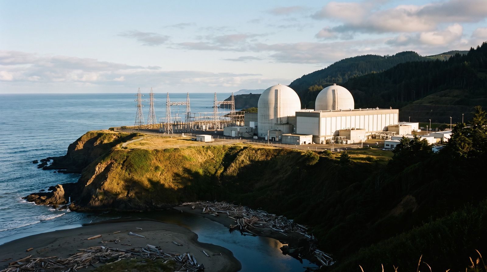 The two containment domes of Sixes River Station on the bluff above the Pacific at golden hour, the mouth of the Sixes River below