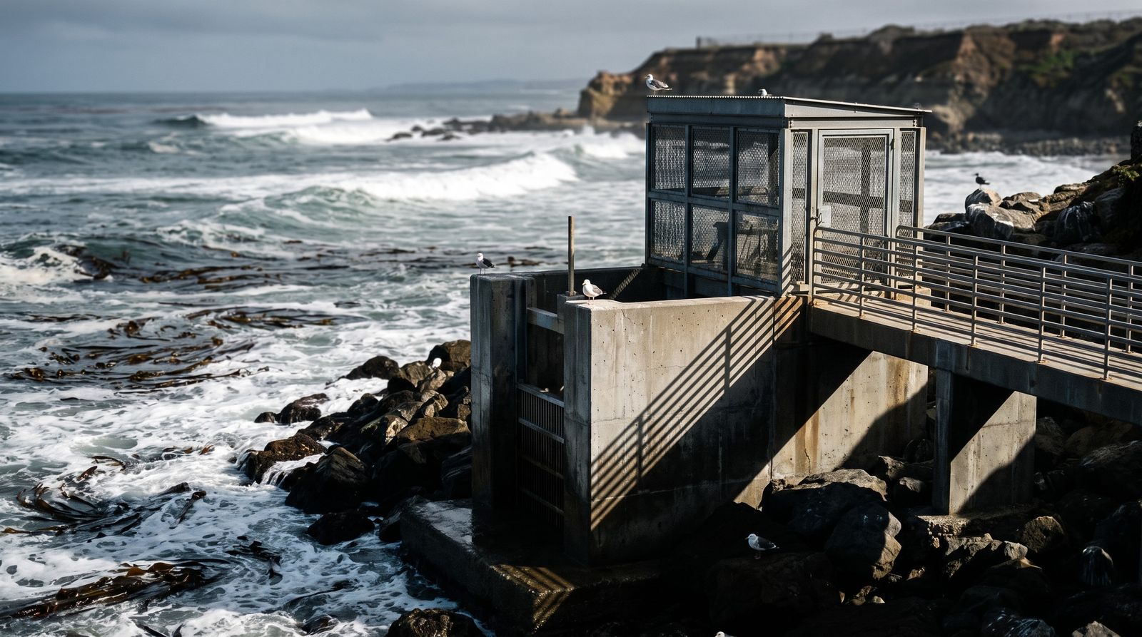 The intake structure on the shore: screens and pumps in a concrete building, surf beyond