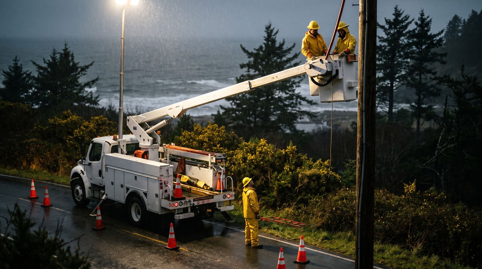 A line crew in a bucket truck working on a pole beside the highway in low coastal light
