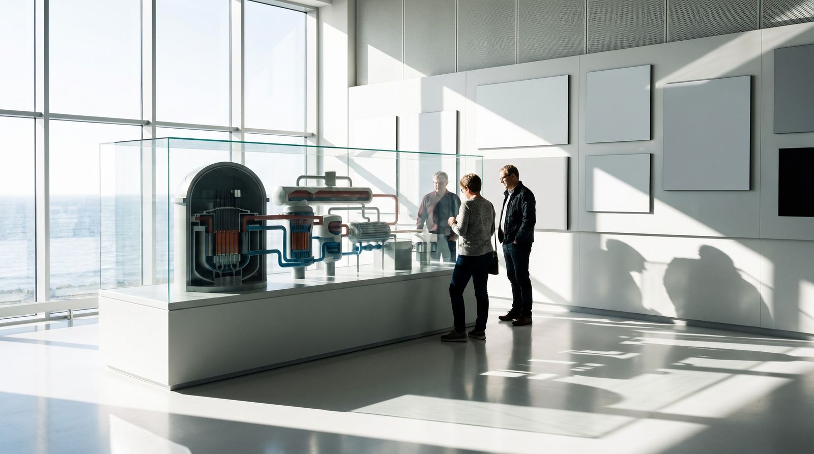 The visitor center: a timber-and-glass building on the bluff with the model control room visible inside